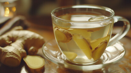 A Glass Cup of Ginger Tea", "Refreshing Ginger Tea Served in a Glass Cup", "Ginger Tea in a Transparent Glass Cup", "Close-up of a Glass Cup Filled with Warm Ginger Tea", "Warm and Soothing Ginger Tea