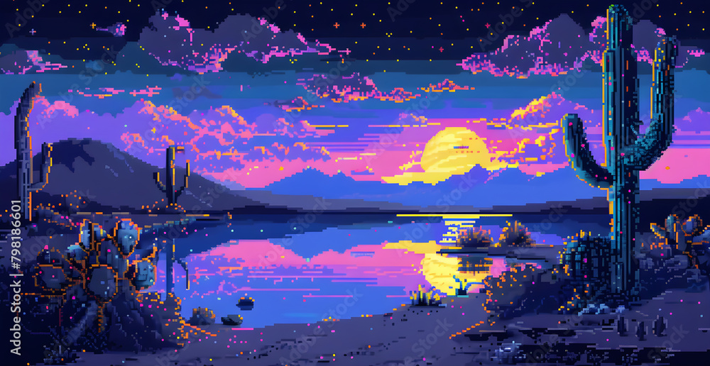 Poster add more characters cactus planets space pixel art 8bit neon colors