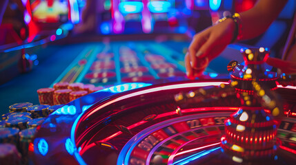 Fototapeta na wymiar Happy gamblers at a casino playing roulette and poker Luck and Laughter: Casino Adventures with Happy Gamblers.