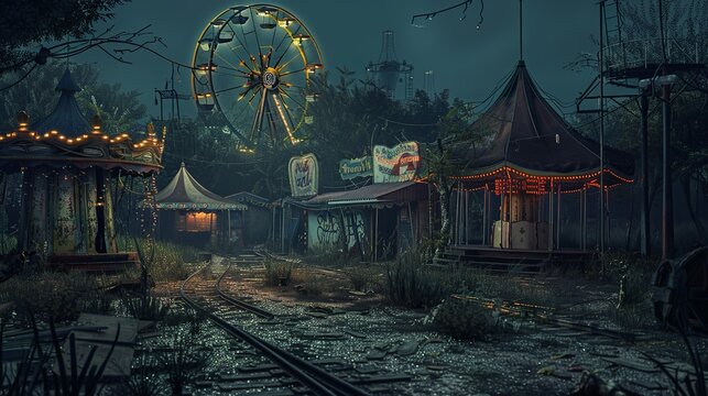An abandoned carnival at night, with decrepit rides and faded circus tents, where the laughter of ghostly performers can still be heard