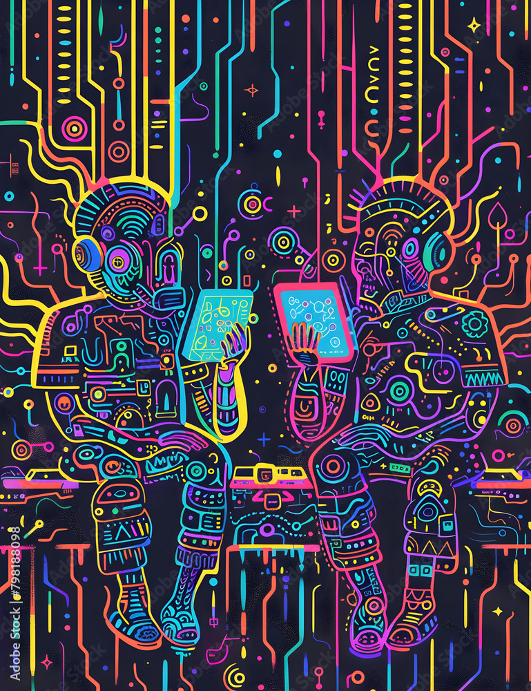 Aufkleber aztecs working on tablets and computers with cables and wires and screens codex plasma black