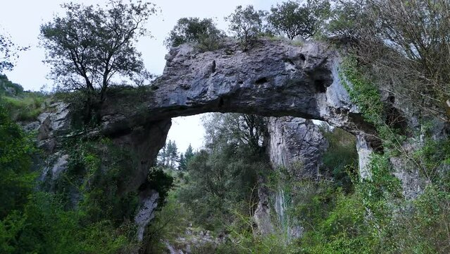 Landscape around the natural stone Arch of Jentilzubi in Dima in the Province of Bizkaia. Basque Country. Spain. Europe