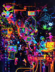 A colorful, neon-lit painting of a futuristic cityscape with people