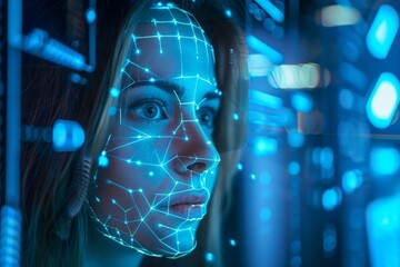 High-tech biometric facial recognition system scans a focused female agent in a futuristic blue-lit security room