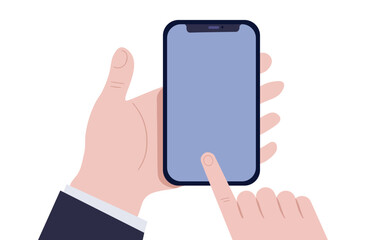 Phone with empty screen in hand. Touching screen with finger. Vector illustration in flat style isolated on white.