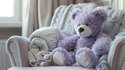 purple teddy bear sitting on a plush armchair in a nursery surrounded by a collection of soft blankets pillows and plush toys offering comfort and companionship in the gentle rhythms of bedtime.