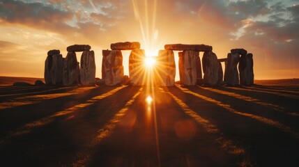 Radiant sunrise illuminates Stonehenge during the Summer Solstice celebration casting long shadows and highlighting the ancient monolithic structures