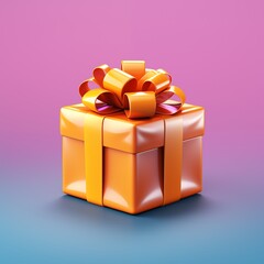 Elegant Orange Gift Box with a Satiny Bow on a Purple Background in 3D Illustration