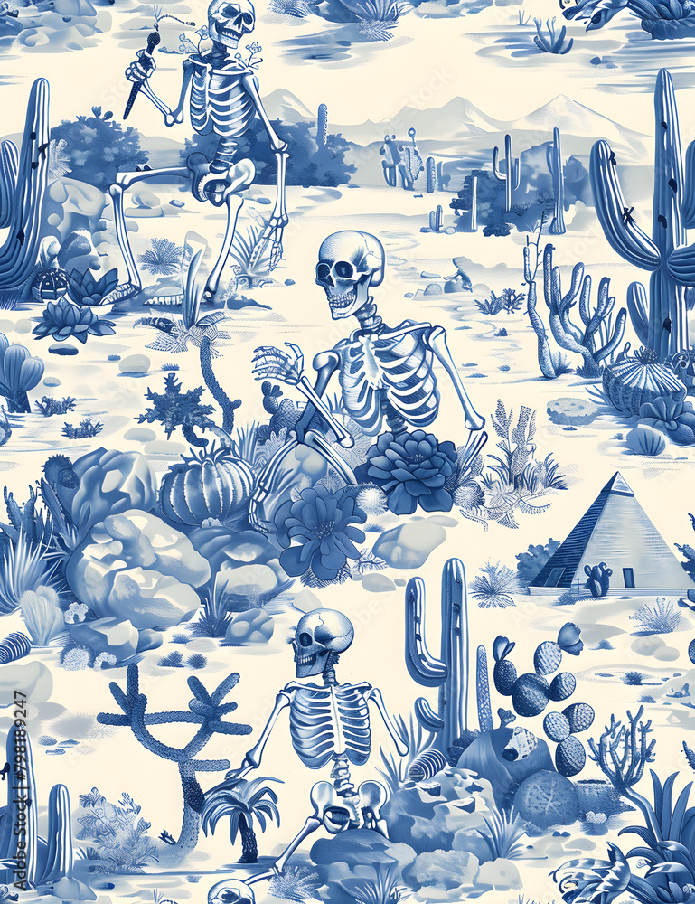 Poster a blue and white patterned background with skeletons and cacti