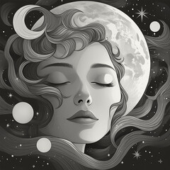 Face with moon, dreaming, peaceful night goodnight, black and white illustration.