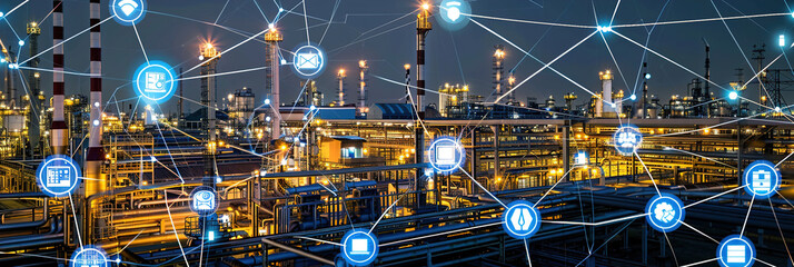 An industrial IoT setting with sensors and machinery networked for automated monitoring and production optimization.