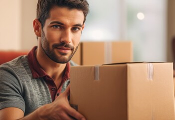 A man in an office looks at cardboard boxes, possibly during a move or an organizational task. His expression is one of consideration and planning.