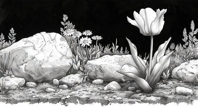   A monochromatic image depicting rocks, flowers, grass, and grasshoppers against a dark background