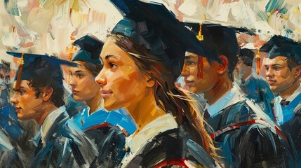 Illustrate the essence of graduation and achievement celebration in traditional art medium, depicting a heartwarming scene from an eye-level angle filled with pride and emotions - obrazy, fototapety, plakaty