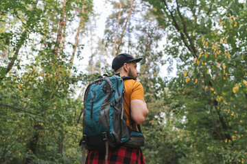Back view of a young man tourist walking in the middle of the early autumn forest with big travel backpack