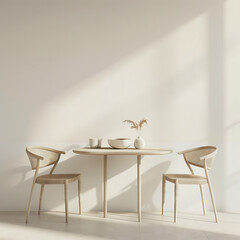Serene Dining Space in Soft Morning Light. A minimalist dining area basks in the soft glow of morning light, highlighting an elegantly simple table setting for two
