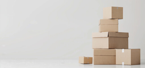 Beginnings of a Move: Cardboard Boxes Stacked. A neat stack of cardboard boxes against a white background, symbolizing a fresh start or the process of moving