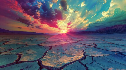 Psychedelic sky radiates vibrant hues over a surreal deep-cracked desert floor offering an otherworldly scenic view