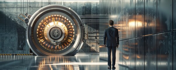 A well-dressed individual stands before a massive bank vault, seemingly contemplating a financial endeavor in a secure facility.