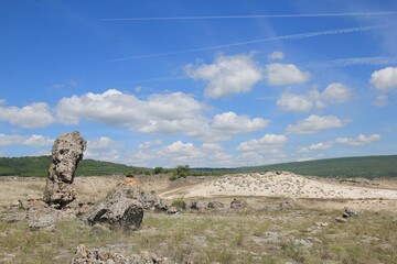 Stone cliffs in the vicinity of the village of Slynchevo (Bulgaria) in spring

