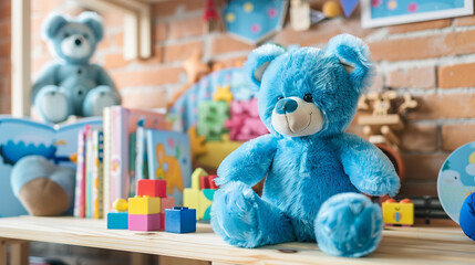 A charming blue teddy bear sitting on a wooden shelf surrounded by books blocks and other educational toys encouraging cognitive development and early literacy skills in a bright 