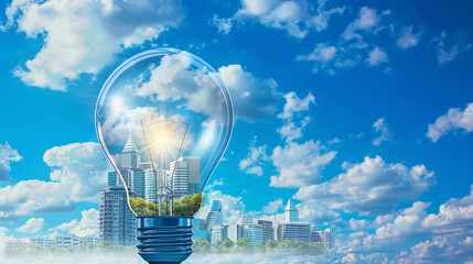 Glass light bulb with cityscape and skyscrapers on blue sky background. AI.
