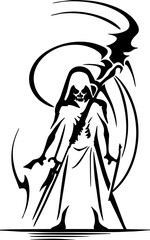 Black graphic silhouette of the reaper of death, badge, logo, tattoo
