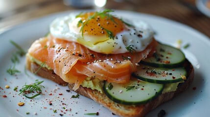 Smoked Salmon Toast with Poached Egg, Gourmet Brunch Concept