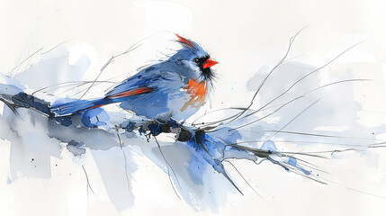  Blue bird watercolor art on a branch with feather detailing