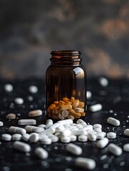 White medical pills or tablets with bottle on black background Macro side view with copy space