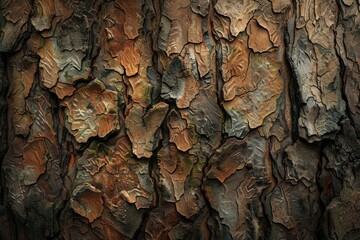 Close-up of intricate tree bark patterns radiating from an ancient woodland showcasing a rich tapestry of deep browns and greens