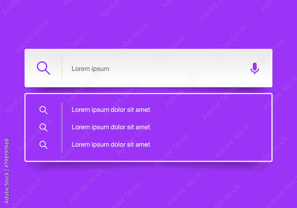 Poster Search Bar with suggestions for UI UX design and web site. Search Address and navigation bar icon. Collection of search form templates for websites. Search engine web browser window template.
