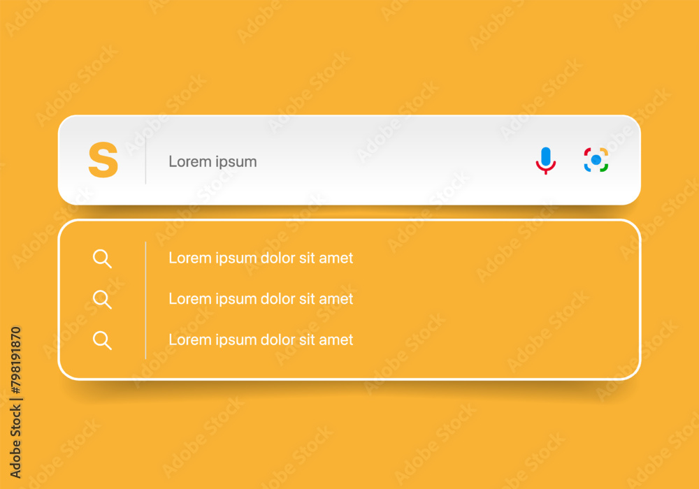 Aufkleber Search Bar with suggestions for UI UX design and web site. Search Address and navigation bar icon. Collection of search form templates for websites. Search engine web browser window template.