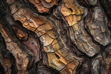 Close-up of intricate tree bark patterns radiating from an ancient woodland showcasing a rich tapestry of deep browns and greens