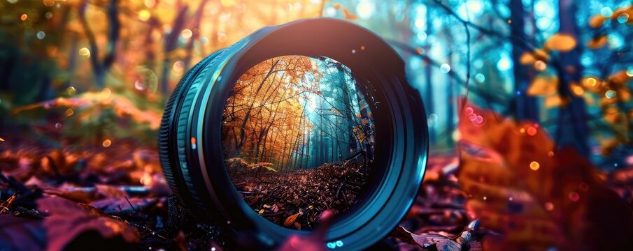 camera lens highlighting the vibrant, verdant beauty of a forest, reveling in the art of photography.