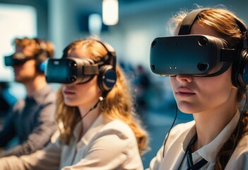 Group of teenagers wearing VR headsets in a tech hub. They explore virtual reality, engrossed in a futuristic experience.