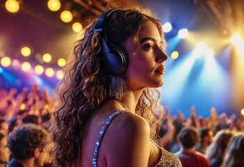 A woman lost in music at a concert. Surrounded by lights and crowd, she embodies the spirit of live music.