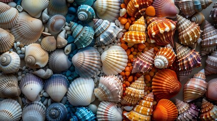 A collage of colorful seashells collected along the shore, encouraging mindfulness of our impact on marine habitats and ecosystems. world oceans day - obrazy, fototapety, plakaty