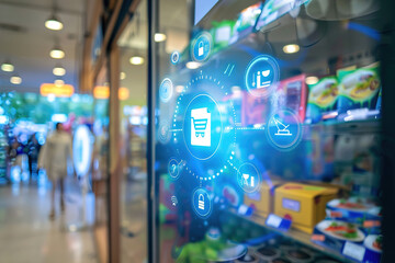 A smart retail display showcasing IoT-powered inventory management and customer engagement solutions.