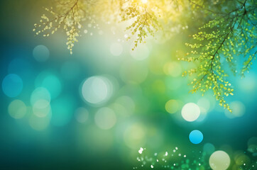 Fototapeta na wymiar An abstract bokeh banner background characterized by shimmering green hues and vibrant summer colors, accentuated by bright bokeh lights.