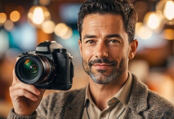 Confident male photographer with a digital camera. His friendly smile suggests he enjoys his creative profession.