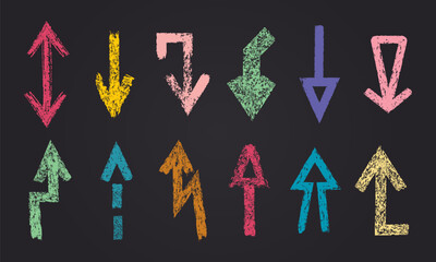 Chalk pointers. Colorful grunge texture chalk pencil arrows, rough abstract indicating shapes flat vector illustration set. Hand drawn charcoal arrows