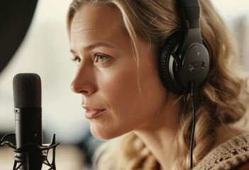 Woman speaking into a microphone in a studio. She seems engaged in her recording session with headphones on.