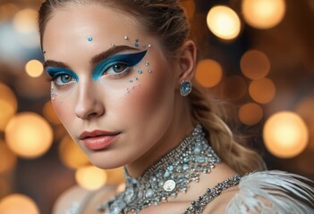 Close-up of a model with dramatic makeup. Her bold eye shadow and elegant jewelry underscore a high-fashion look.