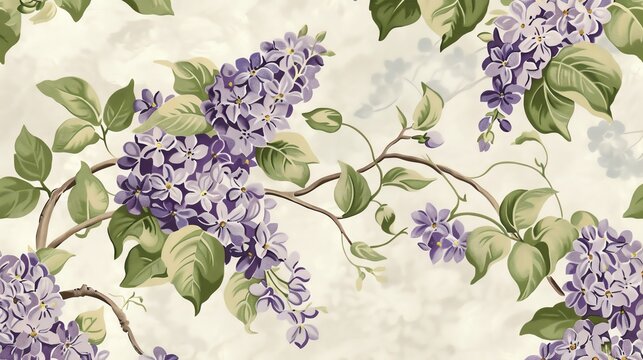 Vintageinspired floral fabric designdelicate lilacs and violets intertwined with green foliagesuited for classic home decor.