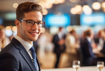Smiling young businessman at a corporate event. His smart attire and cheerful demeanor make a professional impression.