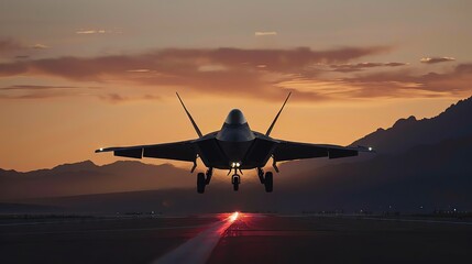 Fototapeta premium Breathtaking shot of an F22 Raptor landing gracefully at duskthe landing gear perfectly touching downwith a background of mountains silhouetted against a twilight sky.