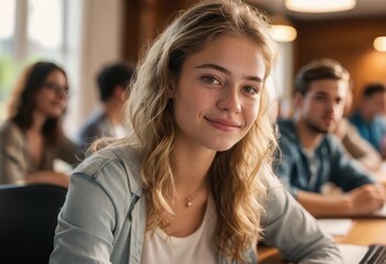 Focused young woman sitting in a university class. Surrounded by peers, she is engaged in the learning process.