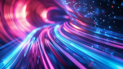 Abstract futuristic background featuring pink and blue neon wave lines moving at high speed, with bokeh lights, symbolizing data transfer
