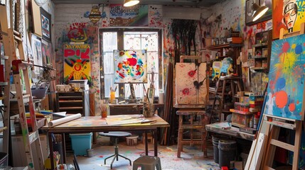 An eclectic artist's studio with colorful paint splatters, quirky decor, and a drafting table.